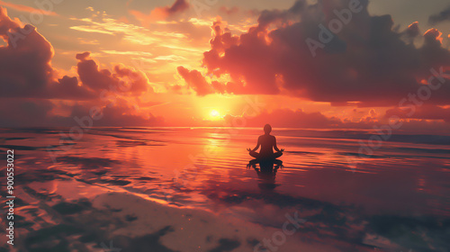 A person meditating on a beach with a beautiful sunset © Hatai