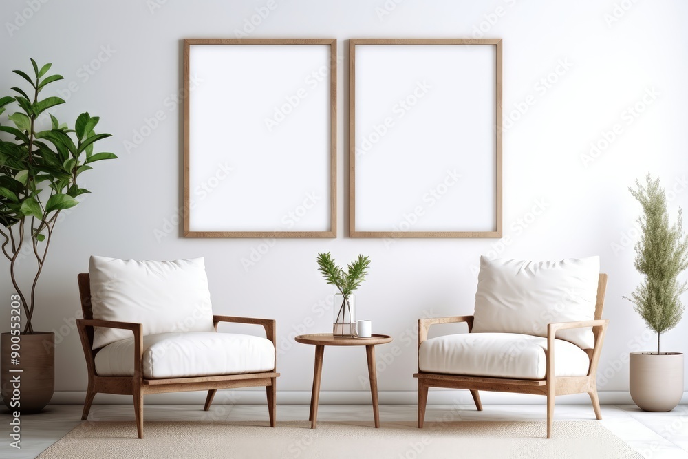 Three Empty Vertical Picture Frames in a Contemporary Living Room With Modern Sofa and Indoor Plants Three Empty Vertical Picture Frames in a Contemporary Living Room With Modern Sofa and Indoor Plants