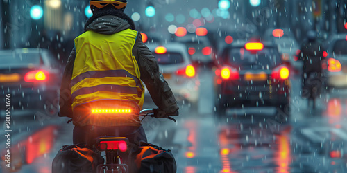 A bicyclist wears a bright yellow vest and flashing lights while riding through heavy traffic. photo