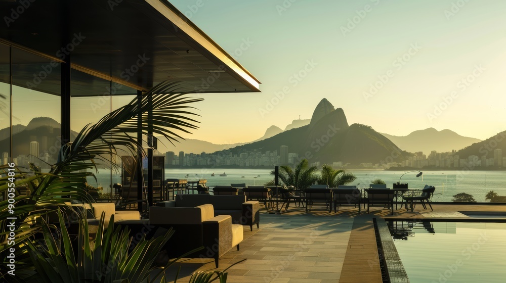 Fototapeta premium Modern Building on Waterfront with Mountain and City Skyline Background