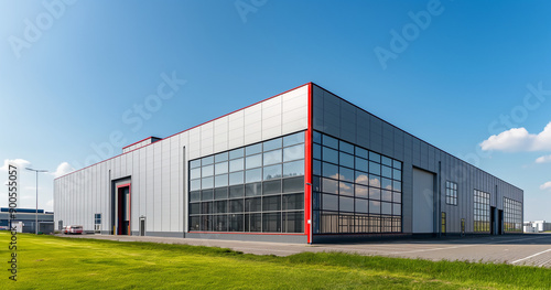 Exterior of a gray industrial warehouse dock station with white walls and red edges, surrounded by green grass. Commercial storehouse building, business unit, cargo factory, distribution, logistics. © Lahiru