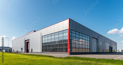 Exterior of a gray industrial warehouse dock station with white walls and red edges, surrounded by green grass. Commercial storehouse building, business unit, cargo factory, distribution, logistics.