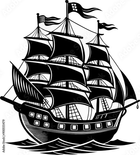 A large black ship sails in the ocean