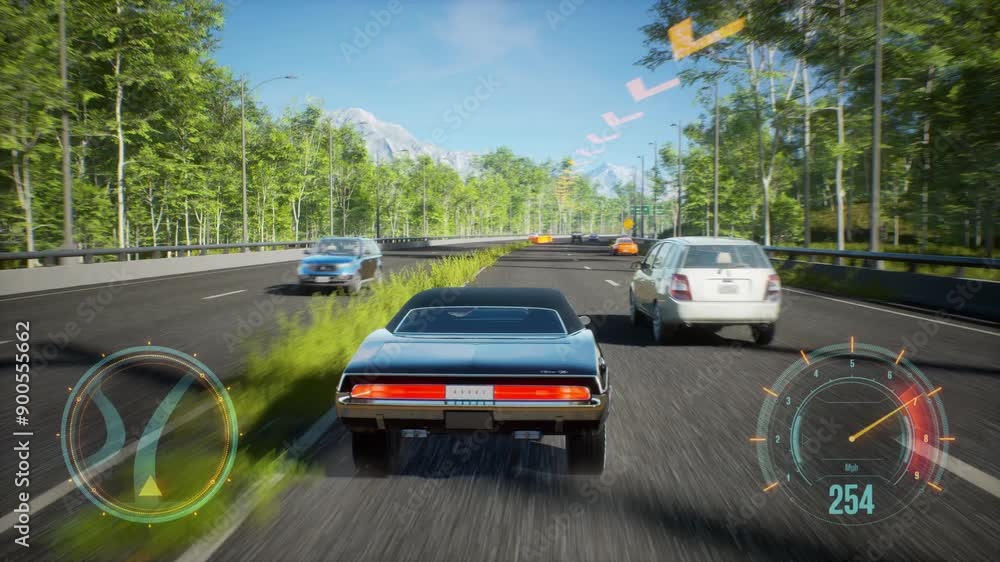 4K fake 3D video game. racing fake game with HUD.