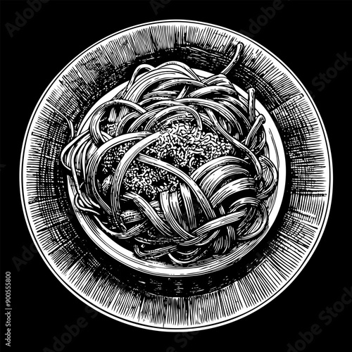 A plate of spaghetti with meatballs and vegetables