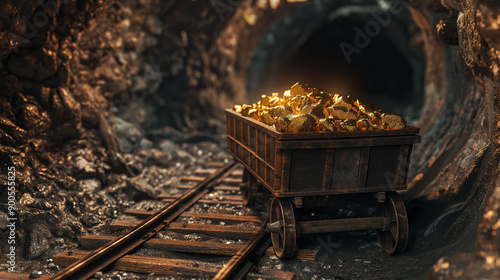 A gold mine tunnel with a mining cart on rails filled with shiny, glossy gold nuggets. refining of gold, prospecting concepts.