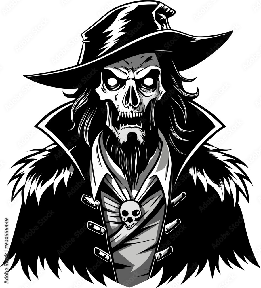 A skull wearing a hat and a cape with a skull on it A skull wearing a hat and a cape with a skull on it
