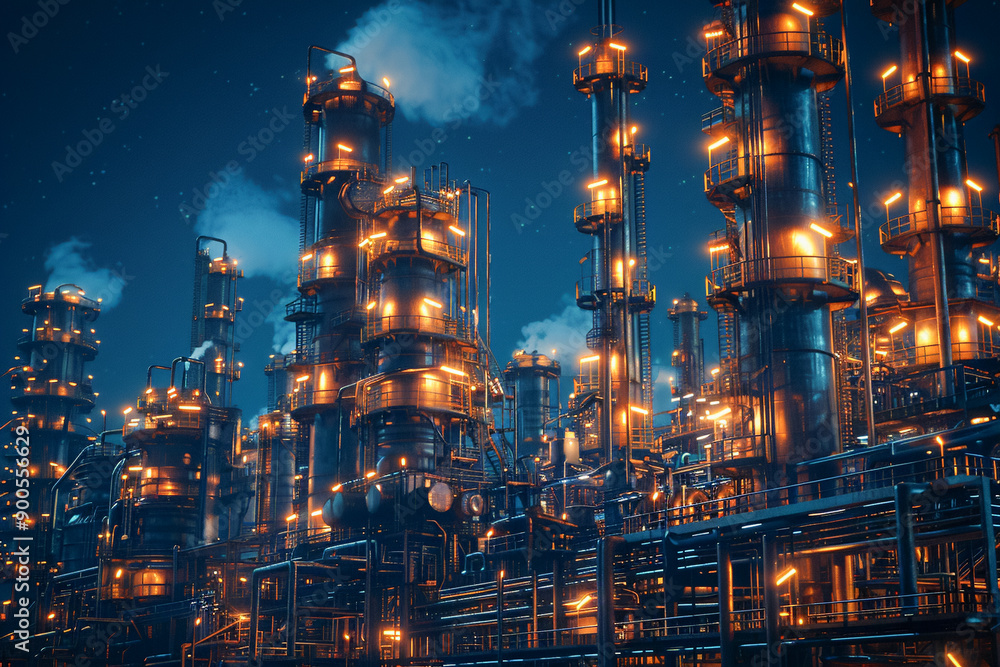 Fototapeta premium Refinery, oil facility, dusk ecology