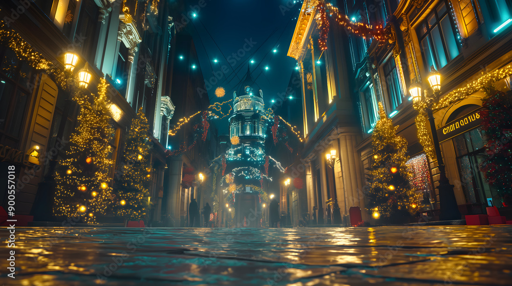 Fototapeta premium Low angle shot of a decorated street on Christmas night.