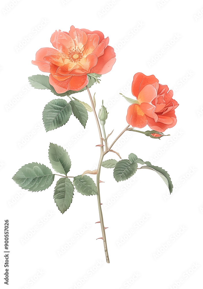 Beautiful Orange Blossom Illustration with Green Leaves and Buds Beautiful Orange Blossom Illustration with Green Leaves and Buds