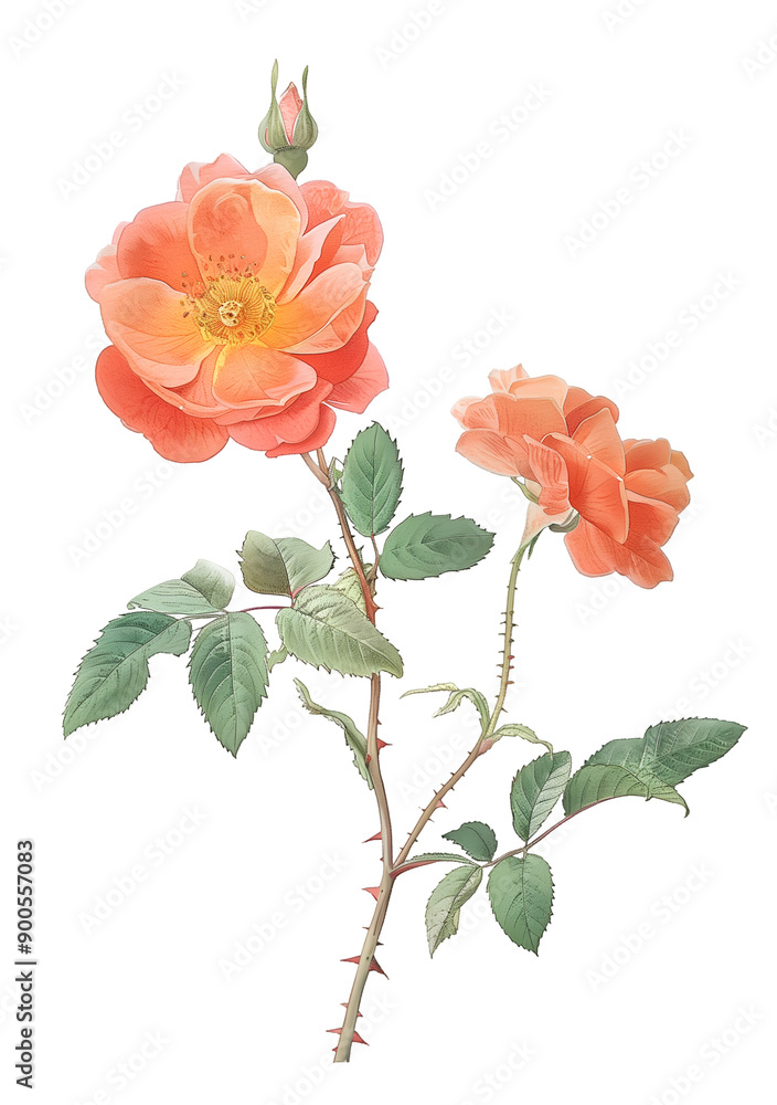 Beautiful Orange Blossom Illustration with Green Leaves and Buds Beautiful Orange Blossom Illustration with Green Leaves and Buds