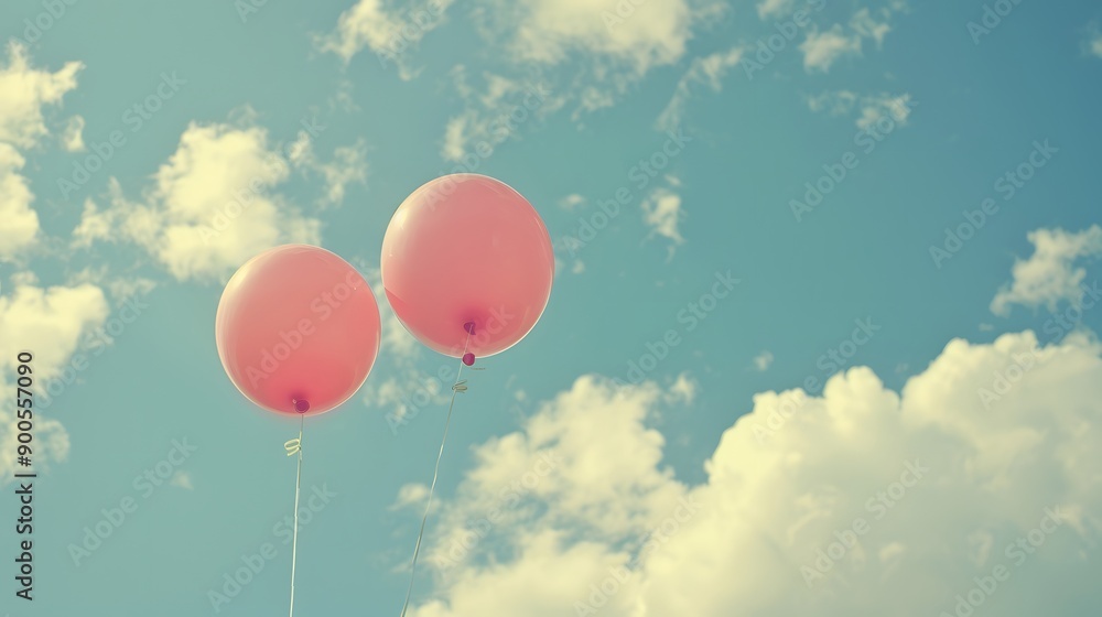 Two pink balloons on panoramic sky background, love and couple concept. Two pink balloons on panoramic sky background, love and couple concept.
