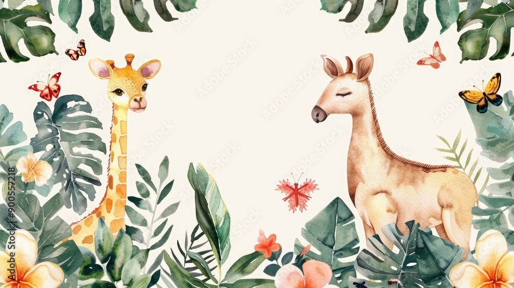 Naklejka premium Delicate watercolor animals and vibrant plants create a frame, perfect for your text.