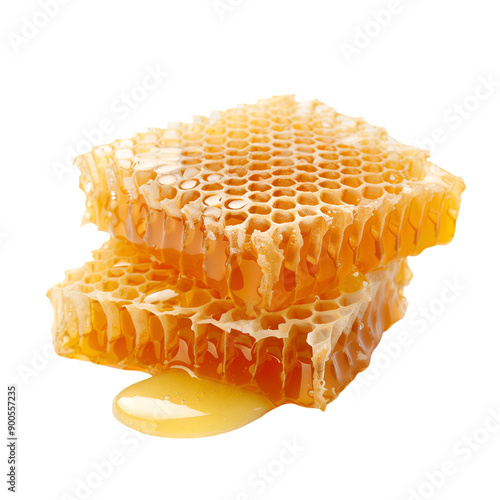Close-Up Image of Fresh Honeycomb with Golden Honey Dripping