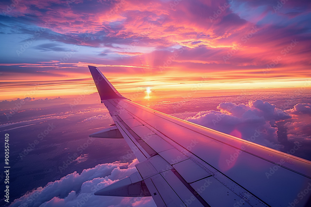 View from airplane window, journey through sunny weather, flying over clouds. View from airplane window, journey through sunny weather, flying over clouds.