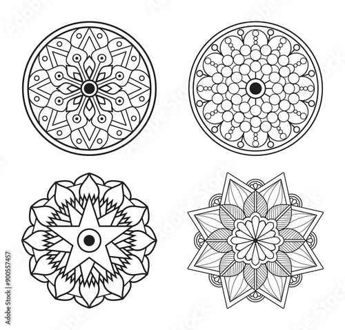 Set of 4 Easy Mandala Coloring Pages for Adults and Kids - Simple Mandalas Black and White Art for Kdp - Hand-drawn Mandala Pattern Vector 

