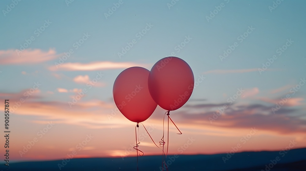 Fototapeta premium Two pink balloons on panoramic sky background, love and couple concept. 