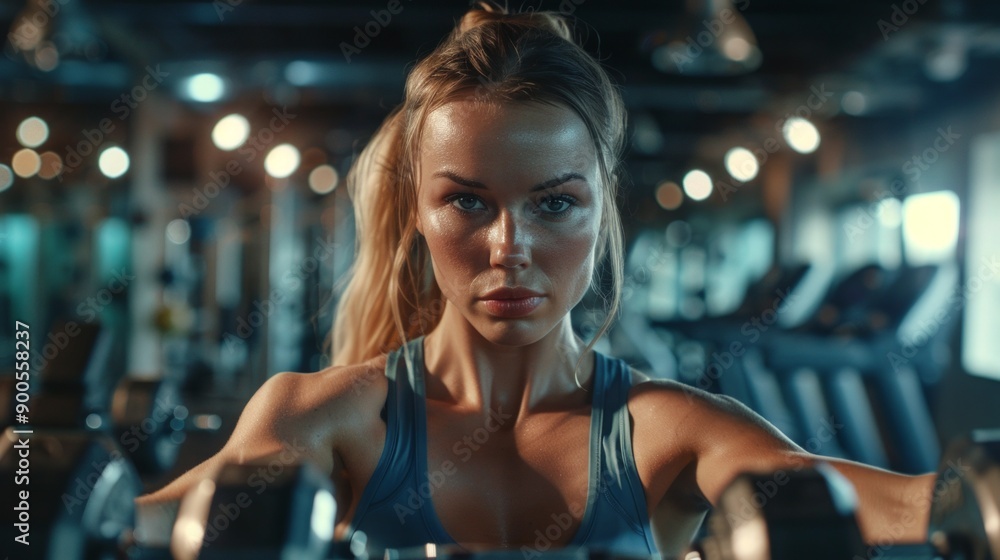 Fototapeta premium Focused Woman Working Out in Modern Gym with Determination. Fitness Enthusiast Training for Strength and Health. Intense Gym Environment with Equipment. Perfect for Fitness or Motivation. AI
