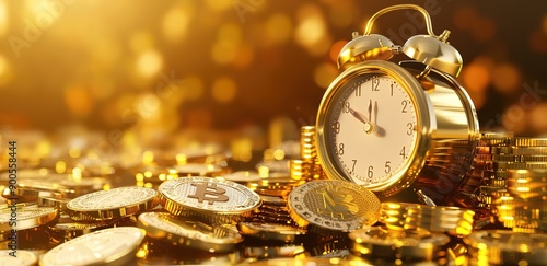  A gold and white alarm clock on a pile of gold coins with a background of twinkling lights