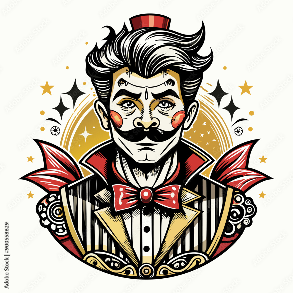 A man with a mustache and a top hat is wearing a red bow tie A man with a mustache and a top hat is wearing a red bow tie