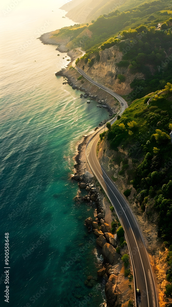 Obraz premium A serene coastal road winding along the edge of a rocky cliff overlooking the calm blue sea