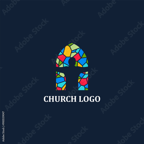 Tinted Church Window with a person praying with wide open arms. Church logo with multicolored stained glass and a prayer silhouette. Best used for christian church or schools as a logo symbol. 
