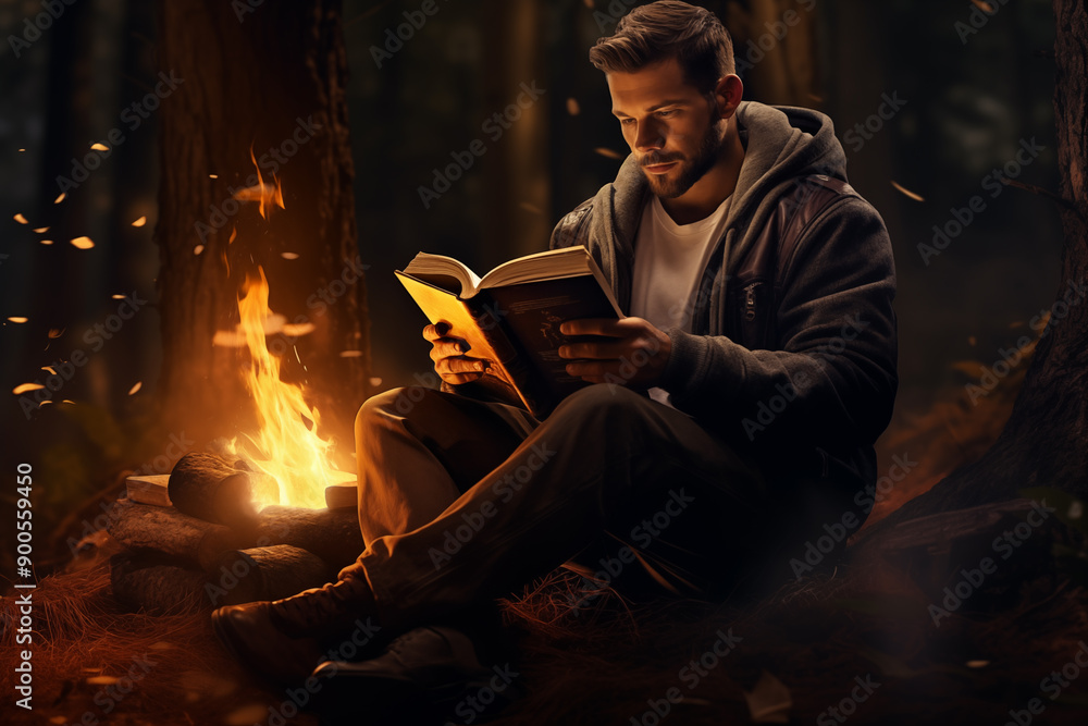 Serene Forest Escape - Man Enjoys Reading Book by Campfire in Peaceful Clearing with Glowing Embers Serene Forest Escape - Man Enjoys Reading Book by Campfire in Peaceful Clearing with Glowing Embers