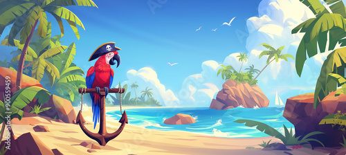 The Pirate parrot in hat on anchor and tropical beach landscape, game background, Illustration