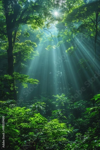 Sunlight filtering through a lush green forest