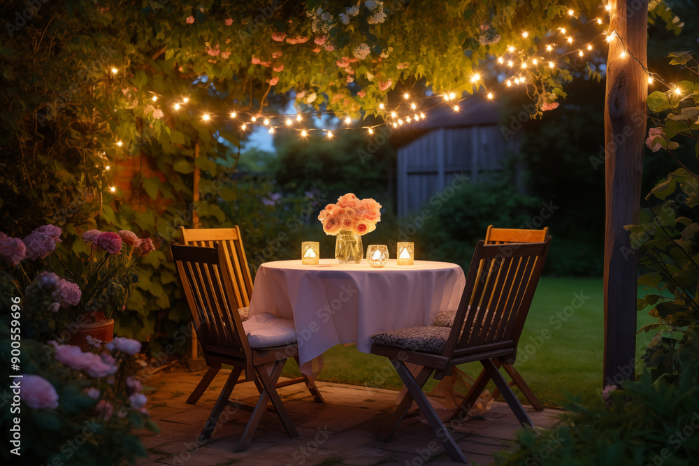 Obraz premium Illuminated Romance: Candlelit Dinner in Enchanting Garden Setting