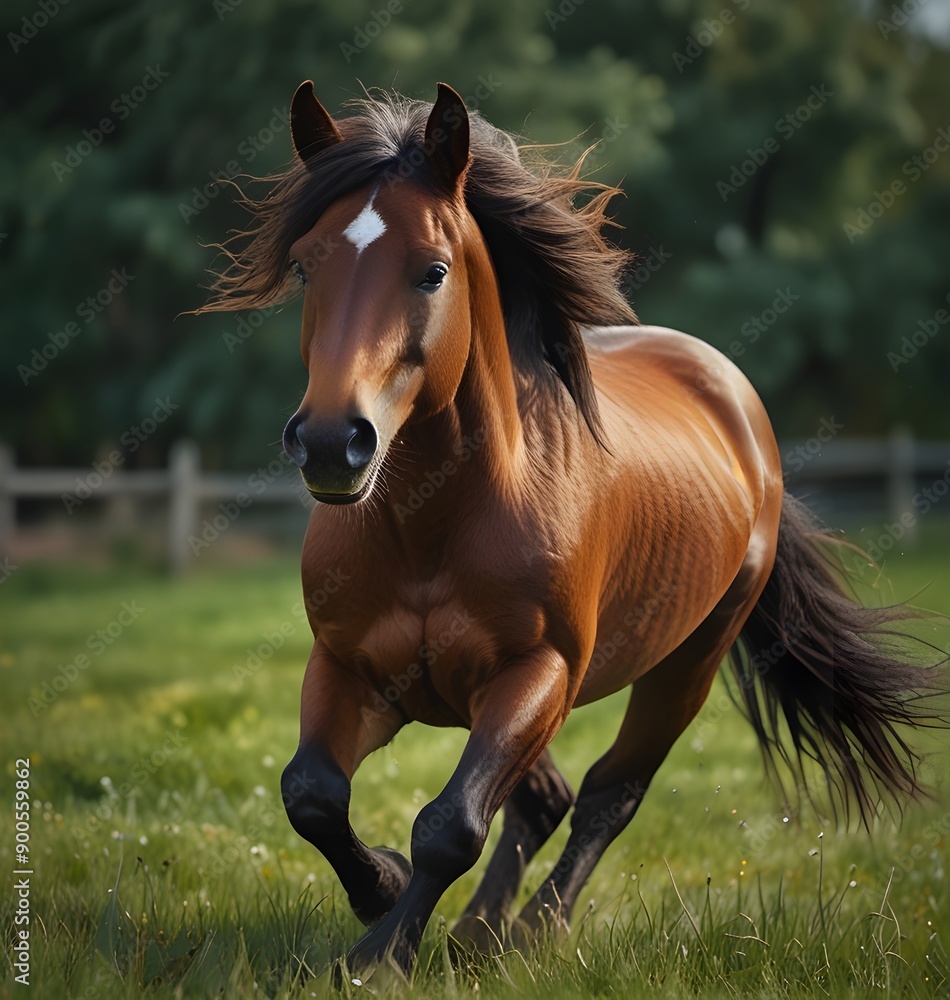 Obraz premium Portrait closeup a brown long mane horse running freedom on green field. AI generated image
