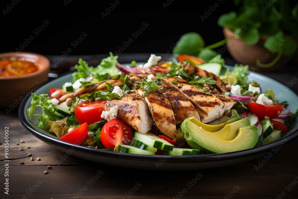 Fresh Summer Salad with Grilled Chicken, Avocado, and Mixed Greens Close-up on Plate Fresh Summer Salad with Grilled Chicken, Avocado, and Mixed Greens Close-up on Plate