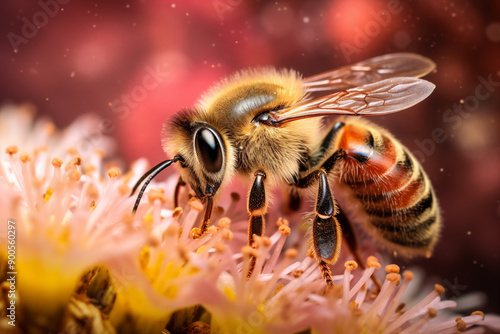 Detailed Macro Shot of Honeybee Pollinating a Summer Flower with Textured Petals