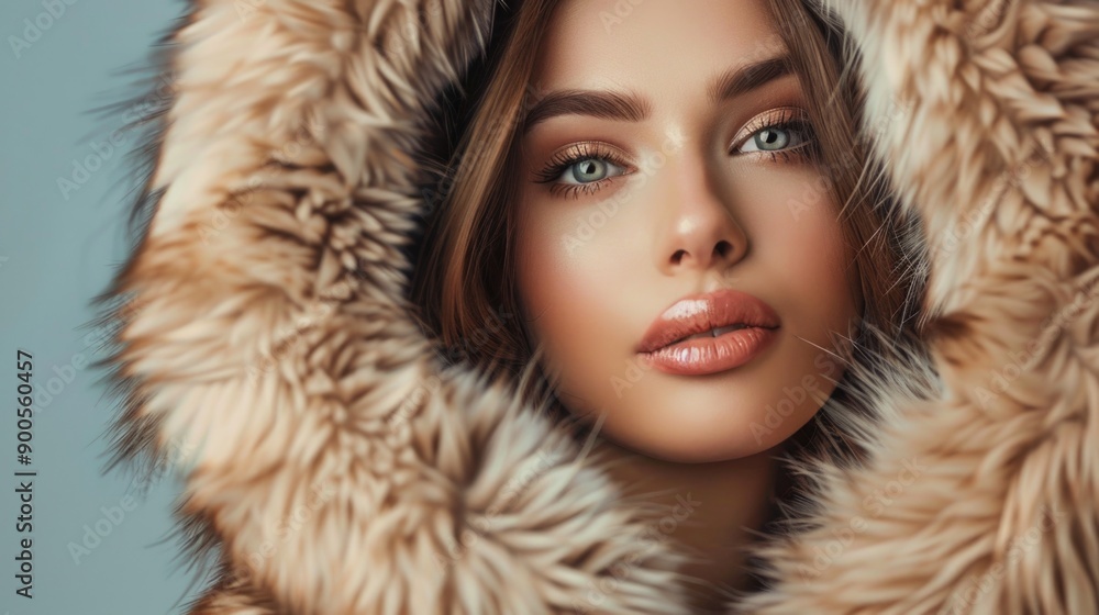 A woman wears a fur coat with a hood, possibly to stay warm or maintain anonymity A woman wears a fur coat with a hood, possibly to stay warm or maintain anonymity