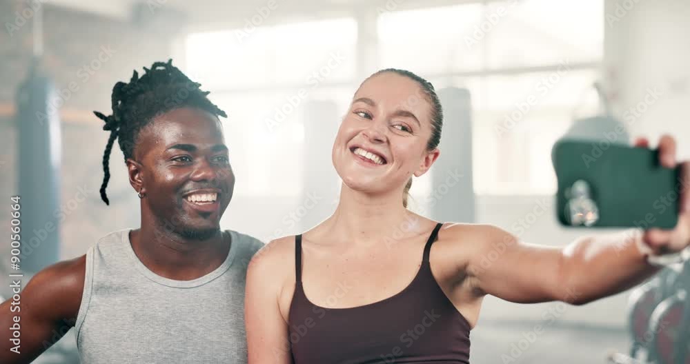 Happy people, fitness and selfie with peace sign at gym for workout, exercise or photography. Interracial man and woman smile for photo, picture or memory in teamwork for training at health club Happy people, fitness and selfie with peace sign at gym for workout, exercise or photography. Interracial man and woman smile for photo, picture or memory in teamwork for training at health club