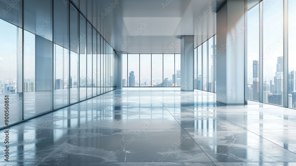 A large, empty room with a view of the city A large, empty room with a view of the city