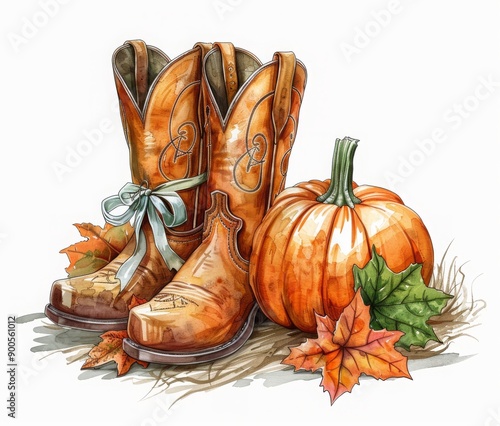  Boho country pumpkin and cowboy boots with bow ribbon, digital illustration clipart isolated on a white background