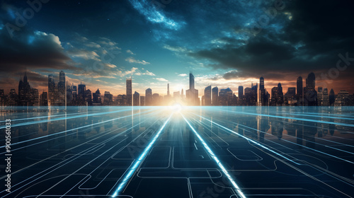 Sunset city skyline and technology data glass road