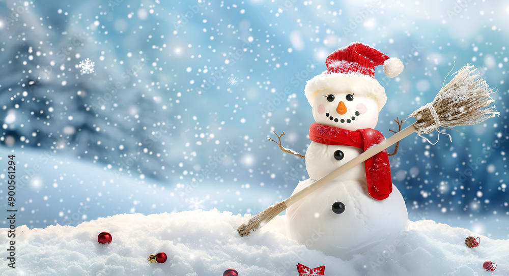 Fototapeta premium Cheerful Snowman with Red Scarf and Hat Holding a Broom in a Snowy Winter Wonderland with Falling Snowflakes