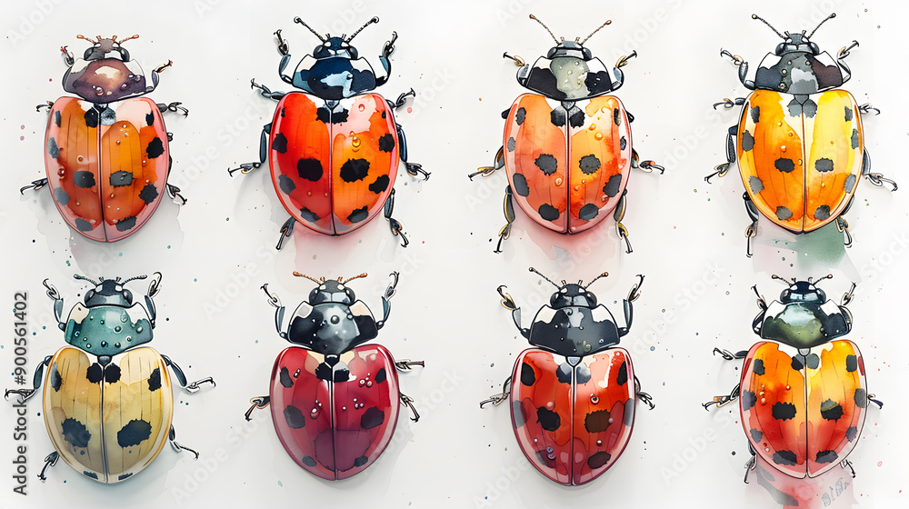 Fototapeta premium A collection of ten vibrant watercolor ladybugs showcasing various colors and patterns.