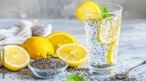 Glass of chia seed water with lemon and mint on marble countertop. Small dish of dry chia seeds and spoon beside it. Sleek, uncluttered kitchen background.. photo