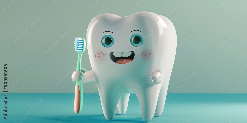 3D Cute Tooth Model Holding Toothbrush - Oral Care Concept 3D Cute Tooth Model Holding Toothbrush - Oral Care Concept
