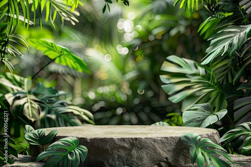 Stone tabletop podium floor in outdoors tropical garden forest blurred green leaf plant nature background.Natural product placement pedestal stand display,jungle paradise concept with generative ai