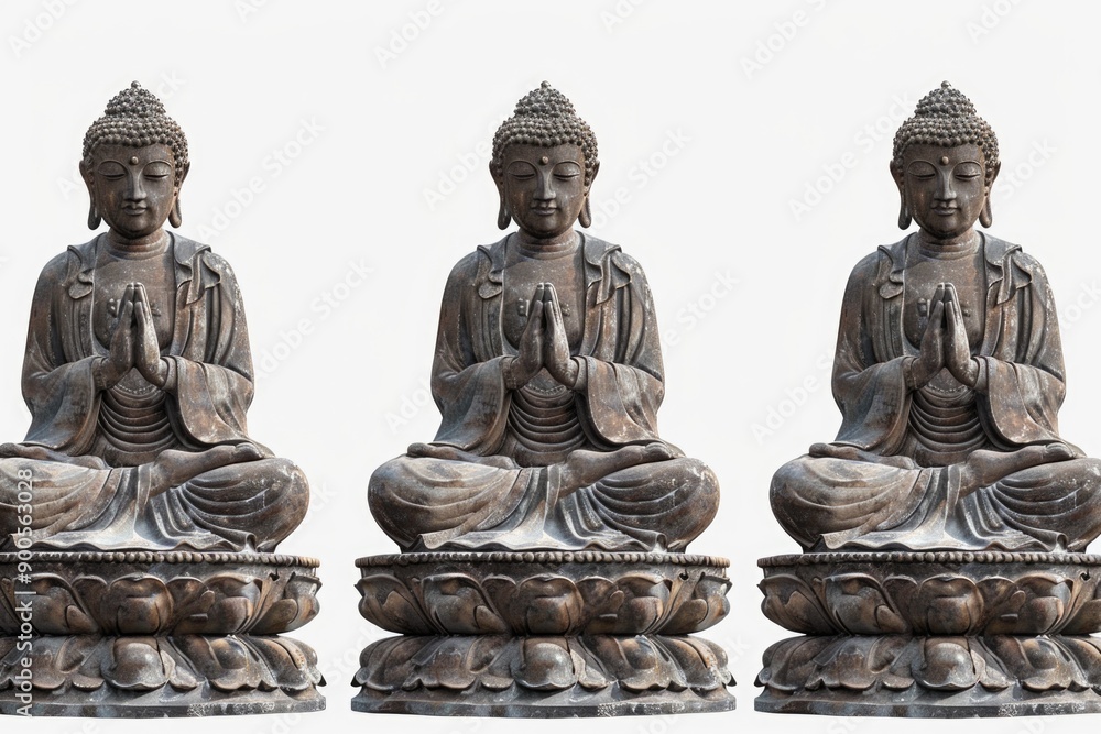 Three Buddha statues sit atop one another, depicting a sense of spiritual growth and harmony Three Buddha statues sit atop one another, depicting a sense of spiritual growth and harmony