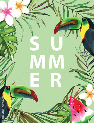 Jungle summer frame with toucan, hibiscus and tropical leaves. Vector illustration on green background. Wild bird for interior, wallpaper, wrapping, poster