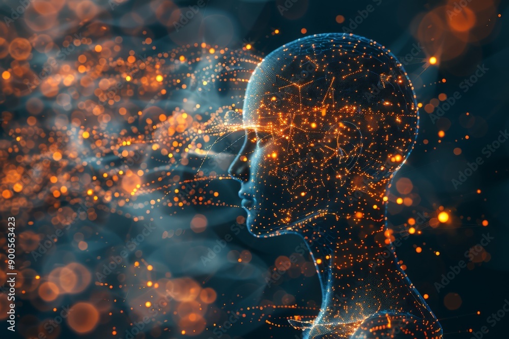 Digital female profile with orange and blue neural network connections on dark background Digital female profile with orange and blue neural network connections on dark background