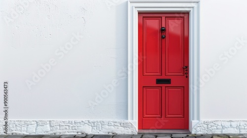 A red door with a white trim sits in front of a white wall