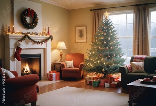 Lovely nice fancy warm christmas livingroom scene with christmas tree