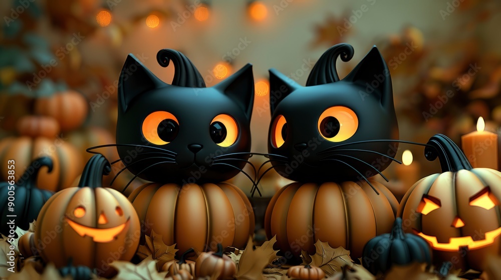 Cute Black Cats on Pumpkins for Halloween Cute Black Cats on Pumpkins for Halloween