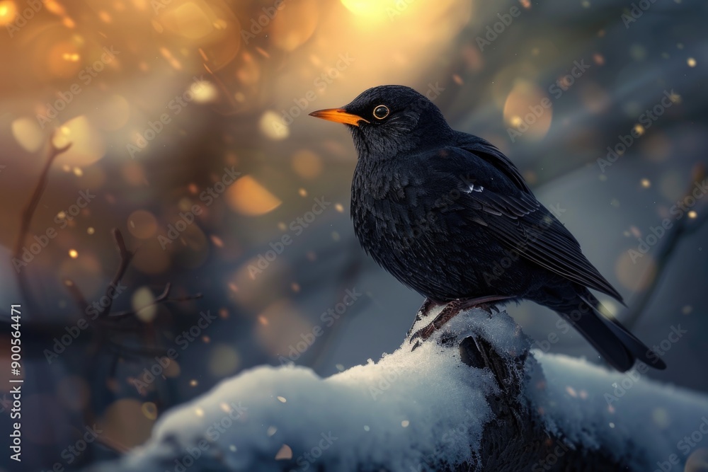 Fototapeta premium A black bird perches on the top of a snow-covered tree stump in a winter landscape